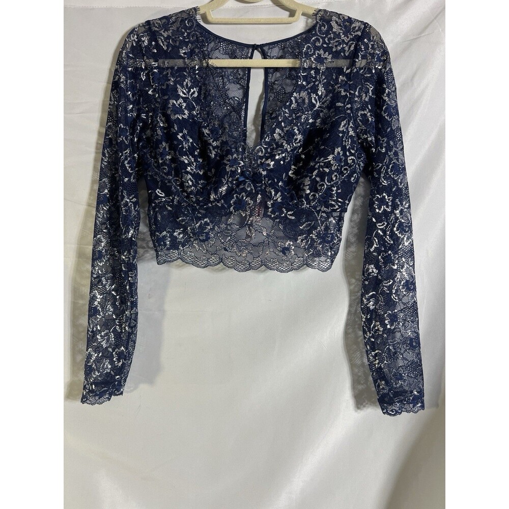 Victoria's Secret Dream Angel Top Navy Silver Metallic Lace Whimsigoth Fairycore
